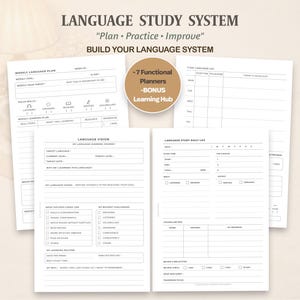 May include: A language study system set featuring printed planner pages with black text on white paper. The sheets include sections for weekly plans, language vision, daily logs, and 7-day logs, with a circular brown badge stating 7 Functional Planners and Bonus Learning Hub.