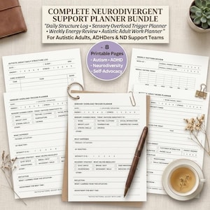 May include: A printable neurodivergent support planner bundle featuring eight pages including a daily structure log, sensory overload trigger planner, weekly energy review, and adult work planner with checkboxes and lines for tracking daily tasks and needs.