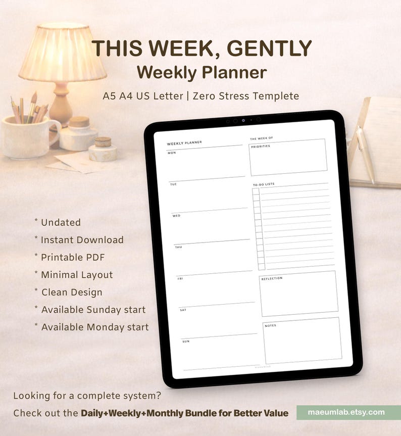Minimal Weekly Planner Printable | ADHD Friendly, Undated (A5 A4 Letter ...