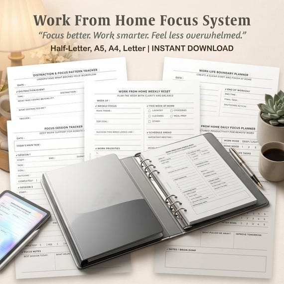 Work From Home Focus System | WFH Bundle | Remote Work Productivity log | A5 Printable PDF