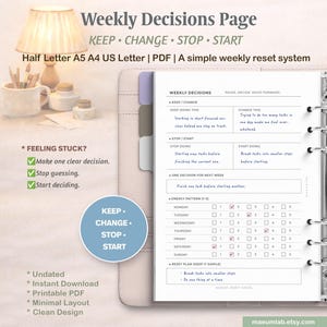May include: A weekly decisions page with a simple reset system. The page includes sections for keeping, changing, stopping, and starting tasks. The design is minimalist with a clean layout, and is undated and printable.