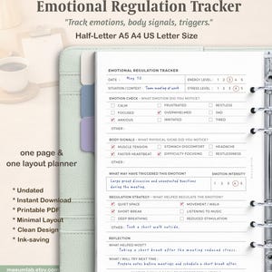Op de afbeelding: Een Emotional Regulation Tracker plannerpagina met secties voor datum, energie, stress, emotiecheck, lichaamssignalen, triggers, regulatiestrategie en reflectie. De pagina bevat selectievakjes en lijnen voor handgeschreven notities.