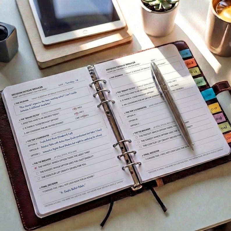 May include: A brown leather ring-bound planner open to a page titled Decision Fatigue Reducer with printed text and handwritten notes. A silver metal pen rests diagonally across the right page. The planner features colorful tabbed dividers.