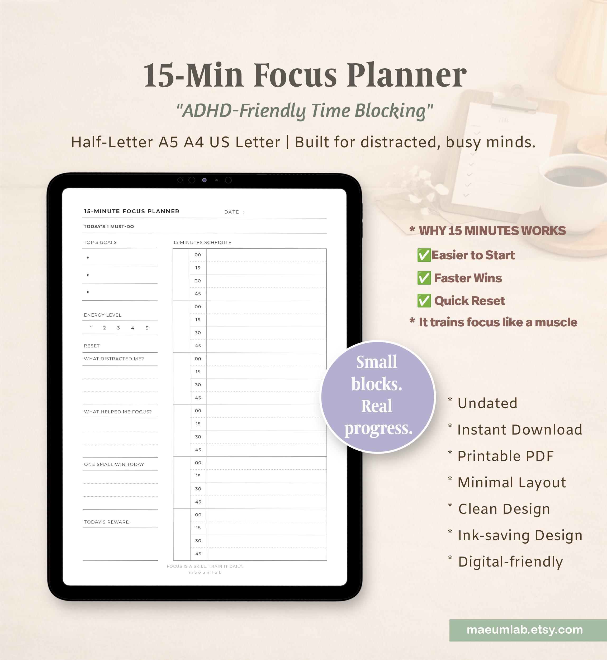 15-minute Time Blocking Planner | ADHD Focus Daily Productivity Layout ...