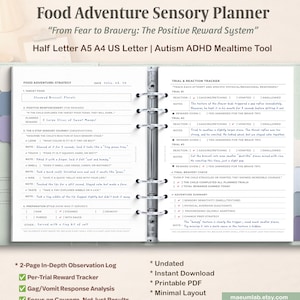 May include: A Food Adventure Sensory Planner, designed for Autism and ADHD mealtime, features a detailed tracking system. The planner includes sections for food strategies, sensory journeys, and trial reactions, with a focus on positive reinforcement and bravery.