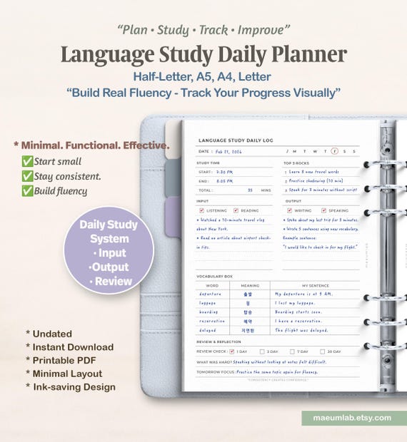 Language Study Daily Planner | A5 Printable PDF | Self-Functional Study Log | Vocabulary Tracker