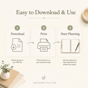 May include: An instructional graphic titled Easy to Download & Use with three steps: 1. Download, showing a file icon with a downward arrow; 2. Print, showing a printer icon; 3. Start Planning, showing an open spiral notebook with a pen.