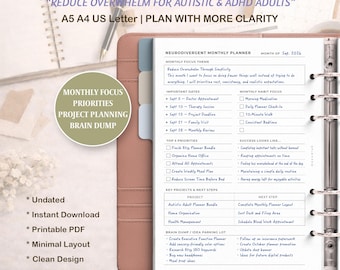 Neurodivergent Monthly Planner | Autism ADHD Executive Function Support (Printable PDF)