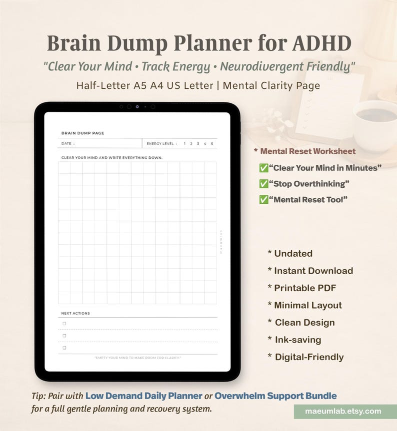 ADHD Brain Dump Planner – Mental Reset Worksheet, Overwhelm Relief ...