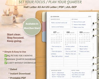 Kwartaalplanner Q3 2026, minimaal dashboard, groot overzicht (digitale download)
