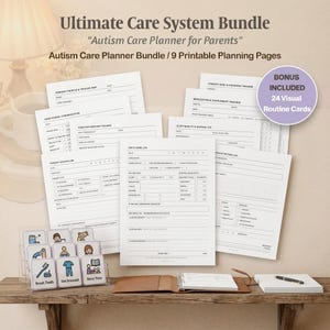 May include: A bundle of nine printable planning pages titled Ultimate Care System Bundle Autism Care Planner for Parents, featuring trackers for sensory profiles, therapy, medication, and daily care, plus a set of 24 visual routine cards.