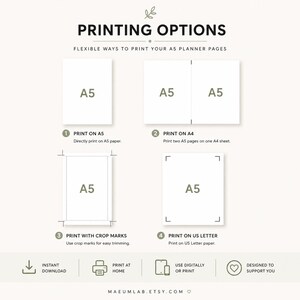 May include: An informational graphic titled PRINTING OPTIONS showing four methods for printing A5 planner pages. It illustrates printing on A5 paper, two A5 pages on A4, A5 with crop marks, and A5 on US Letter paper. Icons for download, print, digital use, and support are included.