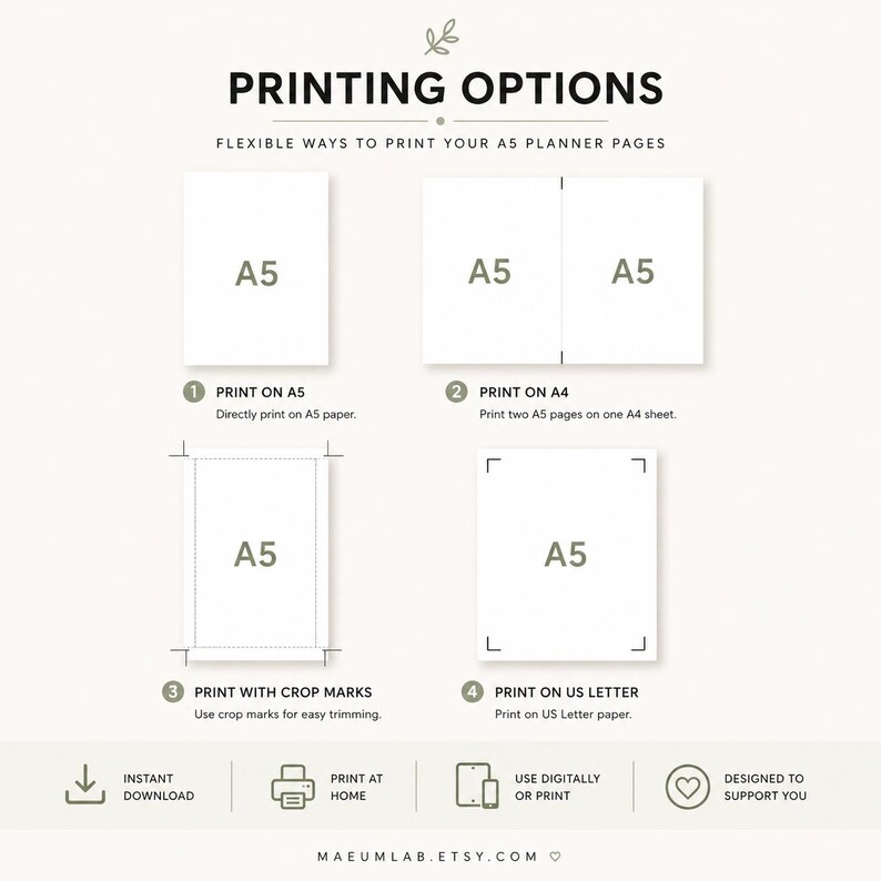 May include: An informational graphic titled PRINTING OPTIONS showing four methods for printing A5 planner pages. It illustrates printing on A5 paper, two A5 pages on A4, A5 with crop marks, and A5 on US Letter paper. Icons for download, print, digital use, and support are included.
