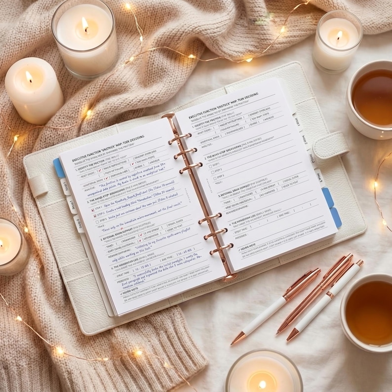 May include: A white leather planner with rose gold detailing, open to a page of printed text. The image features lit candles, two pens, and two cups of tea, arranged on a beige knitted blanket with fairy lights.