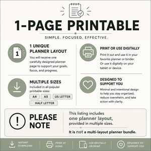 May include: A digital planner page infographic titled 1-PAGE PRINTABLE. It features sections for one unique layout, print or digital use, multiple sizes including A4, A5, US Letter, and Half Letter, and a note clarifying it is not a bundle.