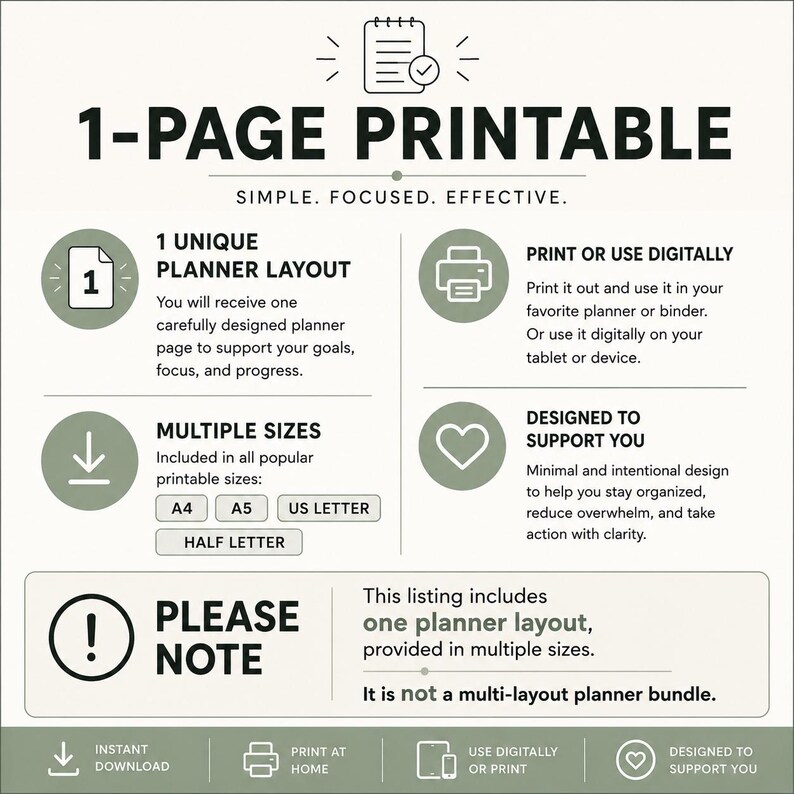 May include: A digital planner page infographic titled 1-PAGE PRINTABLE. It features sections for one unique layout, print or digital use, multiple sizes including A4, A5, US Letter, and Half Letter, and a note clarifying it is not a bundle.