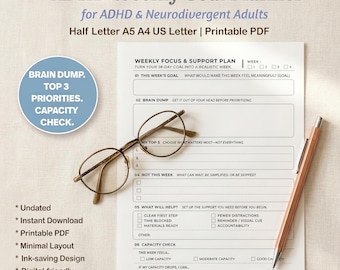 ADHD Weekly Goal Planner for Neurodivergent Adults | Focus, Capacity, Priorities (Printable PDF)