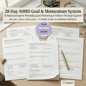 Puede incluir: Un conjunto de planificación 28-Day ADHD Goal & Momentum System con hojas impresas que incluyen secciones para objetivos, enfoque semanal y seguimiento de progreso. Un bolígrafo dorado descansa sobre el papel junto a una pegatina morada con el texto Plan, Progress, Adjust, Finish.