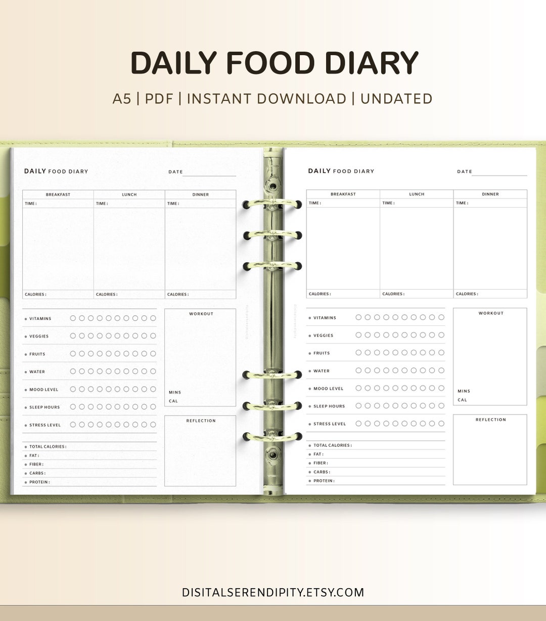 A5 Printable Digital Food Diary/ Daily Food Template, Meal Planner ...