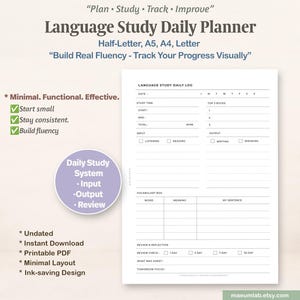Puede incluir: Un planificador diario de estudio de idiomas en PDF imprimible con secciones para fecha, tiempo de estudio, prioridades, entrada, salida, vocabulario y revisi&oacute;n, incluyendo casillas de verificaci&oacute;n para seguimiento de progreso.