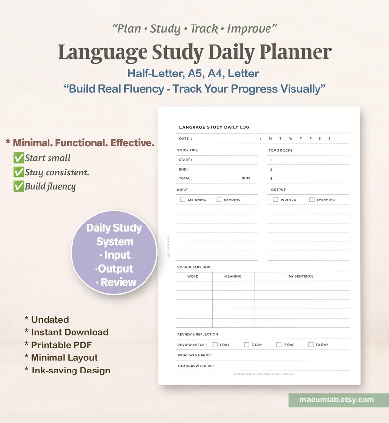 Puede incluir: Un planificador diario de estudio de idiomas en PDF imprimible con secciones para fecha, tiempo de estudio, prioridades, entrada, salida, vocabulario y revisi&oacute;n, incluyendo casillas de verificaci&oacute;n para seguimiento de progreso.