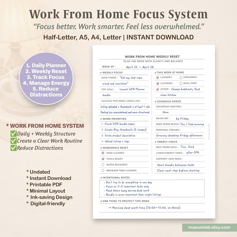May include: A Work From Home Focus System printable planner page featuring a Work From Home Weekly Reset template. The document includes sections for weekly focus, home tasks, work priorities, workspace reset, energy checks, and intentional notes.