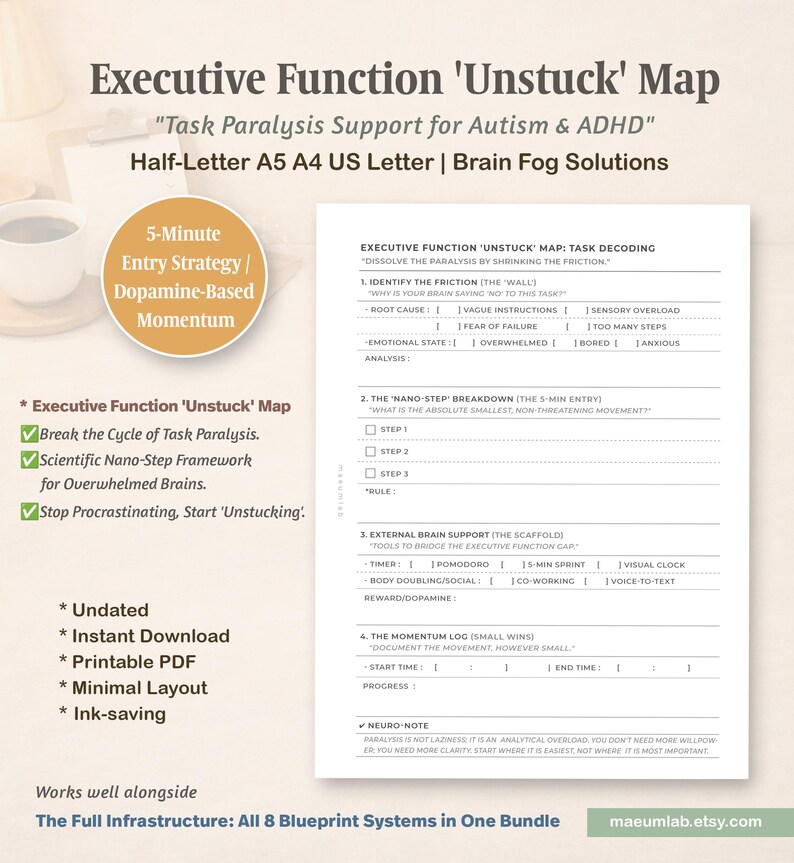 May include: A printable Executive Function 'Unstuck' Map, designed to support individuals with Autism & ADHD. The document includes a 5-minute entry strategy, task decoding, and a nano-step breakdown. It also features a momentum log and external brain support tools.
