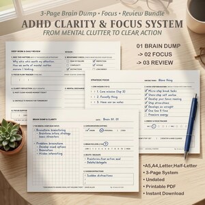 Może przedstawiać: Trzystronicowy zestaw do druku ADHD Clarity & Focus System z sekcjami na zrzut myśli, skupienie strategiczne i codzienny przegląd. Białe arkusze zawierają czarny tekst, linie siatki oraz odręczne notatki niebieskim tuszem.