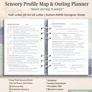 May include: A ring-bound planner page titled Sensory Profile Map & Outing Planner. The document includes sections for sensory preferences, outing strategies, and emergency care notes with handwritten text entries on a white background.