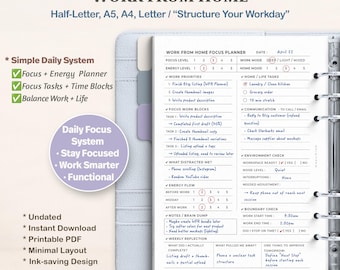 May include: A Work From Home focus planner page in a light blue binder. The planner includes sections for work priorities, focus work blocks, energy flow, and weekly reflection. Text includes Stop Feeling Unproductive at Home and Structure Your Workday.