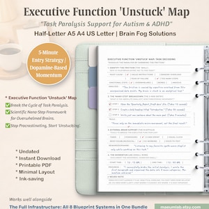 May include: A printable planner page titled "Executive Function 'Unstuck' Map" for task paralysis support. The page includes sections for a 5-minute entry strategy, nano-step breakdown, and momentum log. The design is minimalist with black text on a white background.
