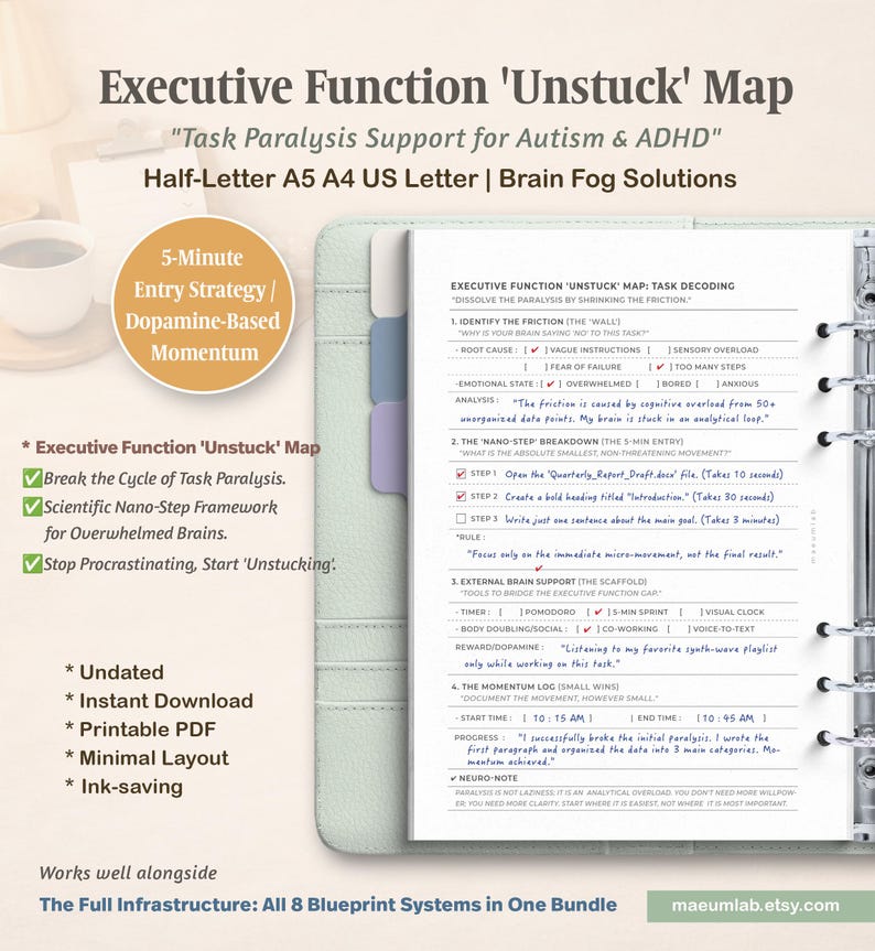 May include: A printable planner page titled "Executive Function 'Unstuck' Map" for task paralysis support. The page includes sections for a 5-minute entry strategy, nano-step breakdown, and momentum log. The design is minimalist with black text on a white background.