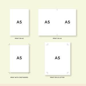 May include: Four white A5 paper layouts with the text "A5" printed on each. The layouts include options for printing on A5, A4, with crop marks, and on US Letter paper. The text "PRINT ON" is also visible.