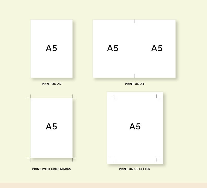 May include: Four white A5 paper layouts with the text "A5" printed on each. The layouts include options for printing on A5, A4, with crop marks, and on US Letter paper. The text "PRINT ON" is also visible.