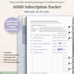 May include: A light blue binder containing an ADHD Subscription Tracker printable page. The document features a Ghost Subscriptions and Installments Log with columns for date, service description, amount, term, and status, plus hardware operating rules.