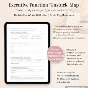 May include: A digital Executive Function 'Unstuck' Map on a tablet, designed to support individuals with Autism & ADHD. The map includes sections for task decoding, nano-step breakdown, and external brain support. It is a printable PDF with a minimal layout.