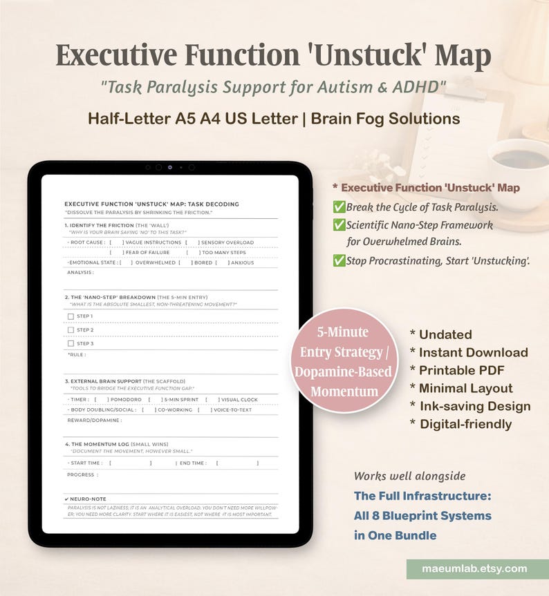 May include: A digital Executive Function 'Unstuck' Map on a tablet, designed to support individuals with Autism & ADHD. The map includes sections for task decoding, nano-step breakdown, and external brain support. It is a printable PDF with a minimal layout.
