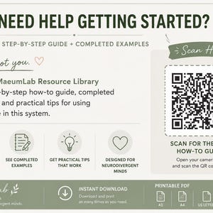 May include: A rectangular informational card with a light background and sage green accents. It features the text NEED HELP GETTING STARTED?, a QR code for a guide, and icons representing steps. The card includes MaeumLab branding and lists printable PDF sizes.