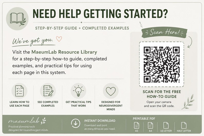 May include: A rectangular informational card with a light background and sage green accents. It features the text NEED HELP GETTING STARTED?, a QR code for a guide, and icons representing steps. The card includes MaeumLab branding and lists printable PDF sizes.