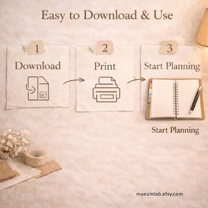 May include: An image with the text "Easy to Download & Use" at the top. It shows a three-step process: Download, Print, and Start Planning. Each step is illustrated with icons and a notebook with a pen. The website maeumlab.etsy.com is at the bottom.