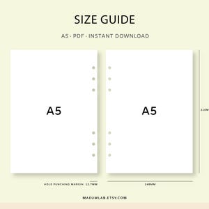 May include: Size guide for A5 PDF instant download. Two white A5 paper sheets with hole punches are displayed. The dimensions are 14.8cm wide, 21cm high, and a hole punching margin of 1.27cm. The text "SIZE GUIDE" is at the top.