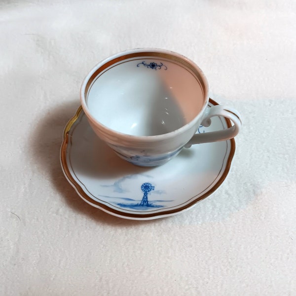 Kansas Delft demi-tasse cup and saucer - blue & white, barn, windmill, 1992