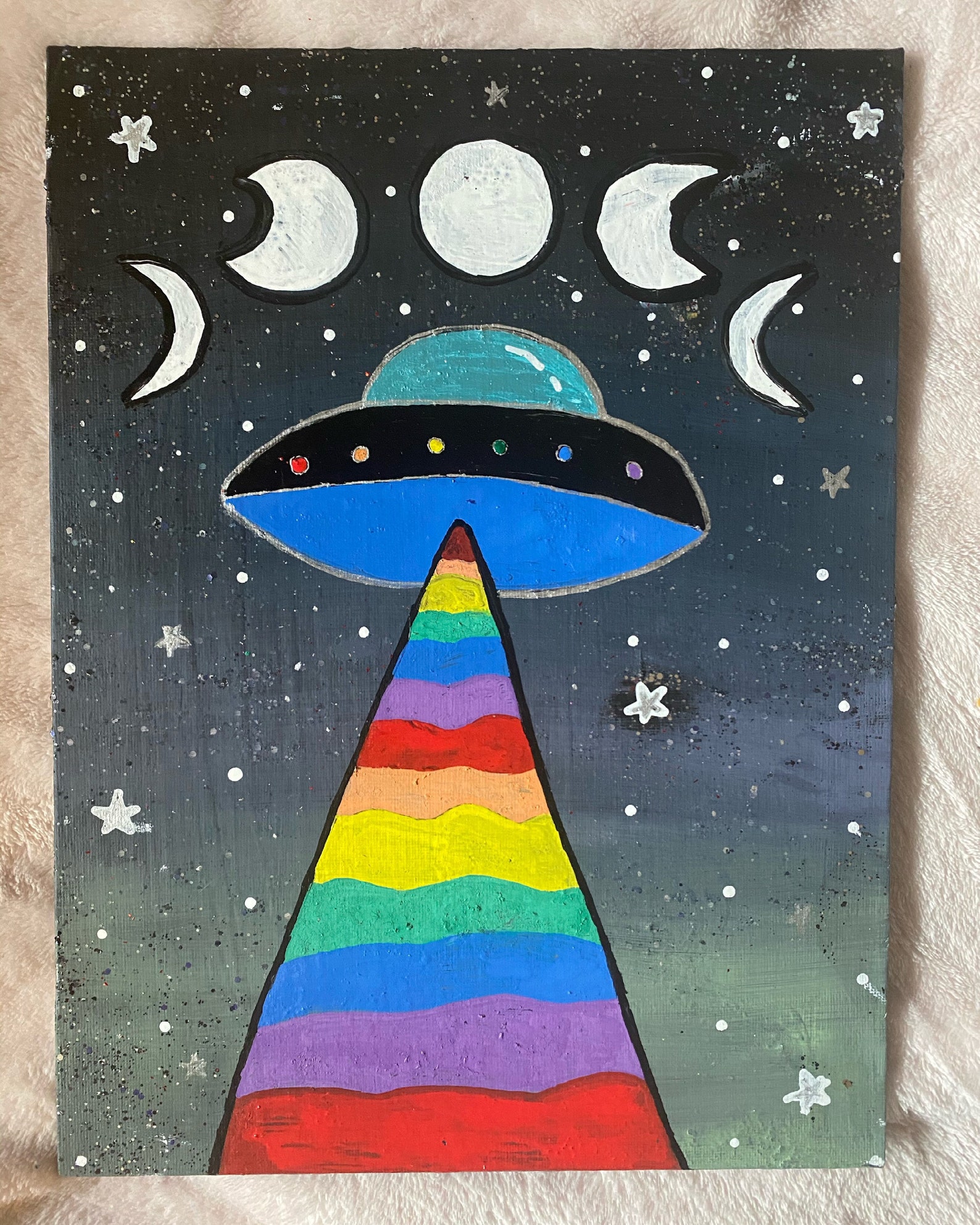 Rainbow UFO Canvas Panel Painting | Etsy