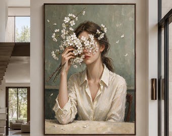 Cherry Blossom Painting | Woman Sitting Holding Flower Branch Eye Covered, White Shirt Green Textured Canvas, Impasto Wall Art Decor