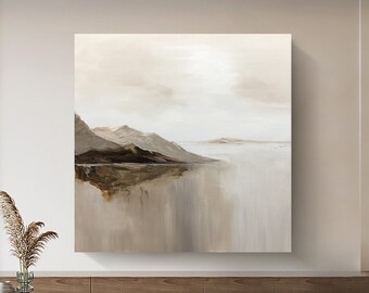 Large Beige and Brown Abstract Wall Art Square Landscape Painting Beige Wabi Sabi Wall Art Beige Wall Decor Boho Brown Mountain Wall Art