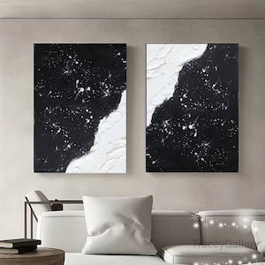 Large White And Black Abstract Painting, White and Black 3D Textured Painting, Set of 2 Black White Minimalist Abstract Painting, Wall Art