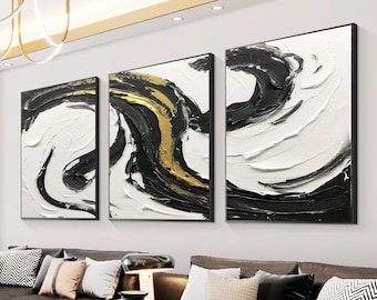 Black White Gold 3D Textured Painting Set, Abstract Wabi Sabi Wall Art