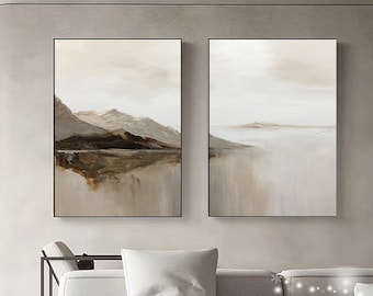 Abstract Mountain Art Set, Beige Brown Textured Oil Painting, Living Room Decor