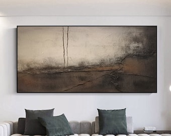 Pintura a óleo abstrata marrom, arte de parede moderna com textura wabi sabi.