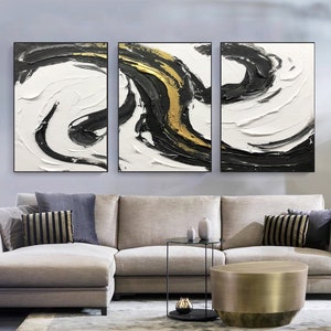 Set of 3 Black White Gold Textured Painting 3D Abstract Art Wabi Sabi ...